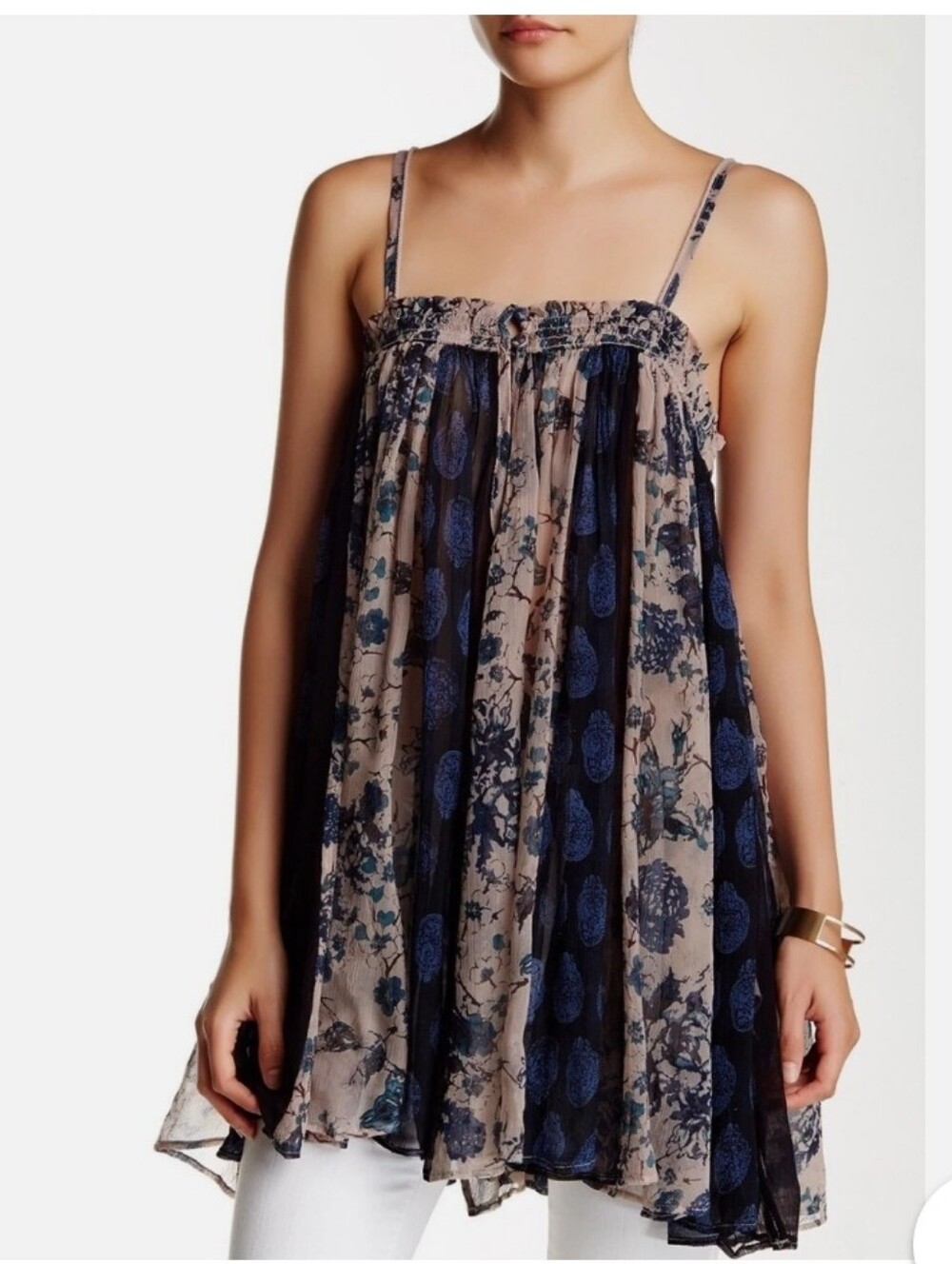 Free People Beige and Navy Floral Tie-Shoulder Cami Tunic Dress